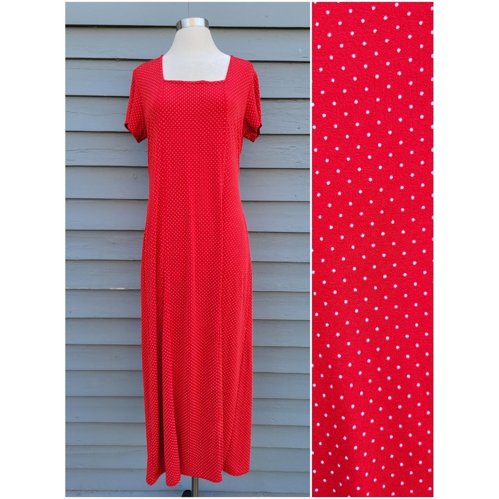 Vintage 90s y2k Slinky Maxi Dress‎ Red Polka Dot Square Neck Short Sleeve L